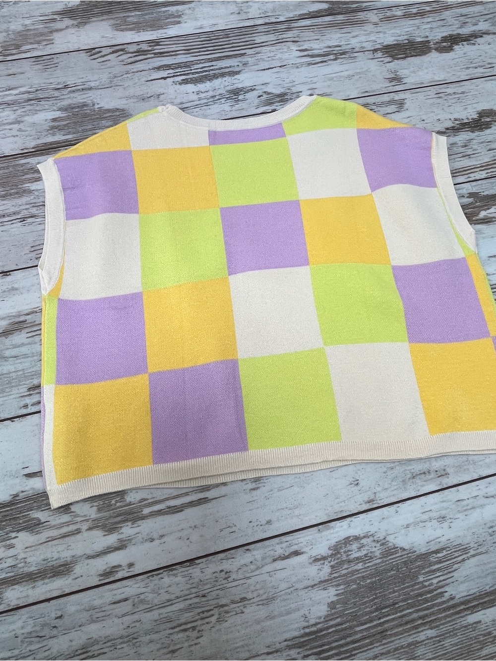 Pastel Checkerboard Knit Sweater Vest Womens Small Lavender Lime Yellow NWOT - Picture 8 of 8